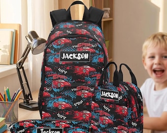 Personalized Race Car Backpack Set: Kids School Bag, Lunchbox & Pencil Case