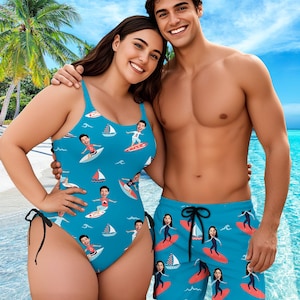 Custom Funny Couple Swimsuit, Personalized Men Bathing Suit, Face on Swim Trunks Beach Shorts, Custom Face Swimwear for Dad, Woman Swimsuit