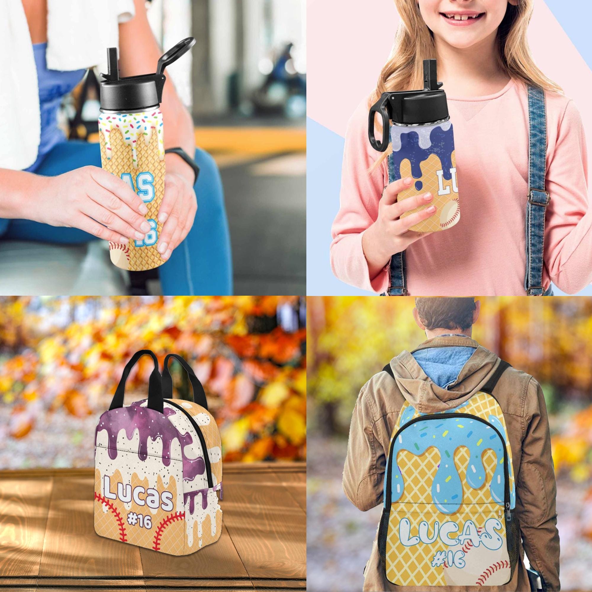 Personalized Sprinkles Baseball Backpack with Name and Number, Lunch Bag and Water Bottle, Custom Baseball backpack, Kids Baseball Backpack