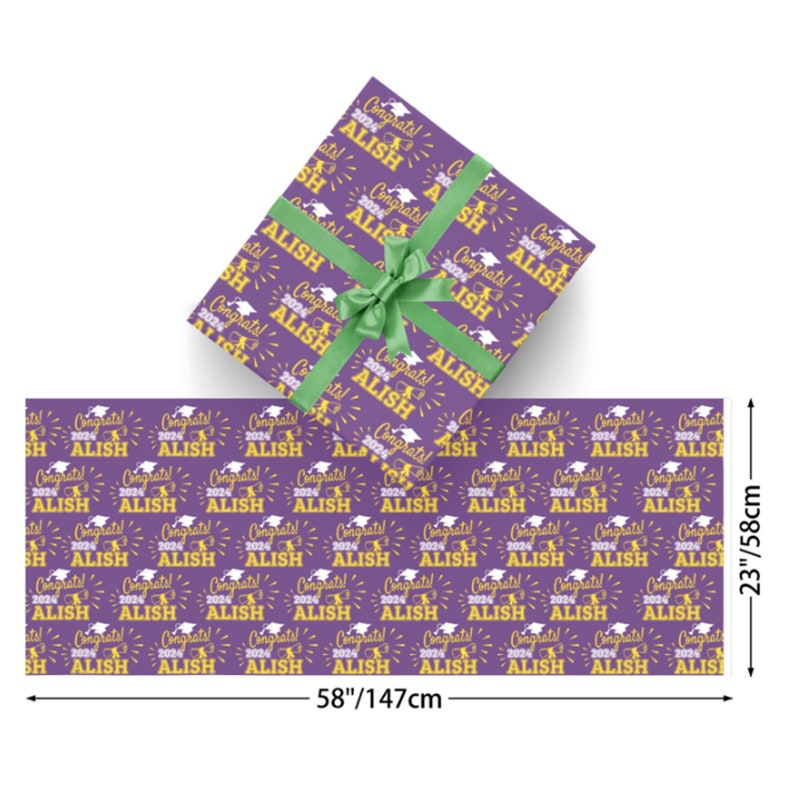 May include: Purple wrapping paper with a repeating pattern of yellow text that says "Congrats! 2024 ALISH" with a graduation cap icon. The paper is 58 inches by 23 inches.