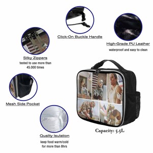 May include: Black lunch bag with a zipper closure, a mesh side pocket, and a click-on buckle handle. The bag has a colorful collage of photos printed on the front. The bag is insulated to keep food warm or cold for up to 8 hours. Capacity: 5.5L.