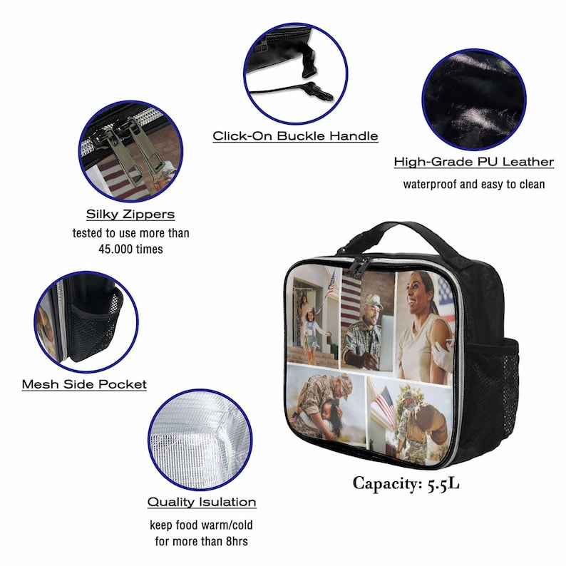 May include: Black lunch bag with a zipper closure, a mesh side pocket, and a click-on buckle handle. The bag has a colorful collage of photos printed on the front. The bag is insulated to keep food warm or cold for up to 8 hours. Capacity: 5.5L.