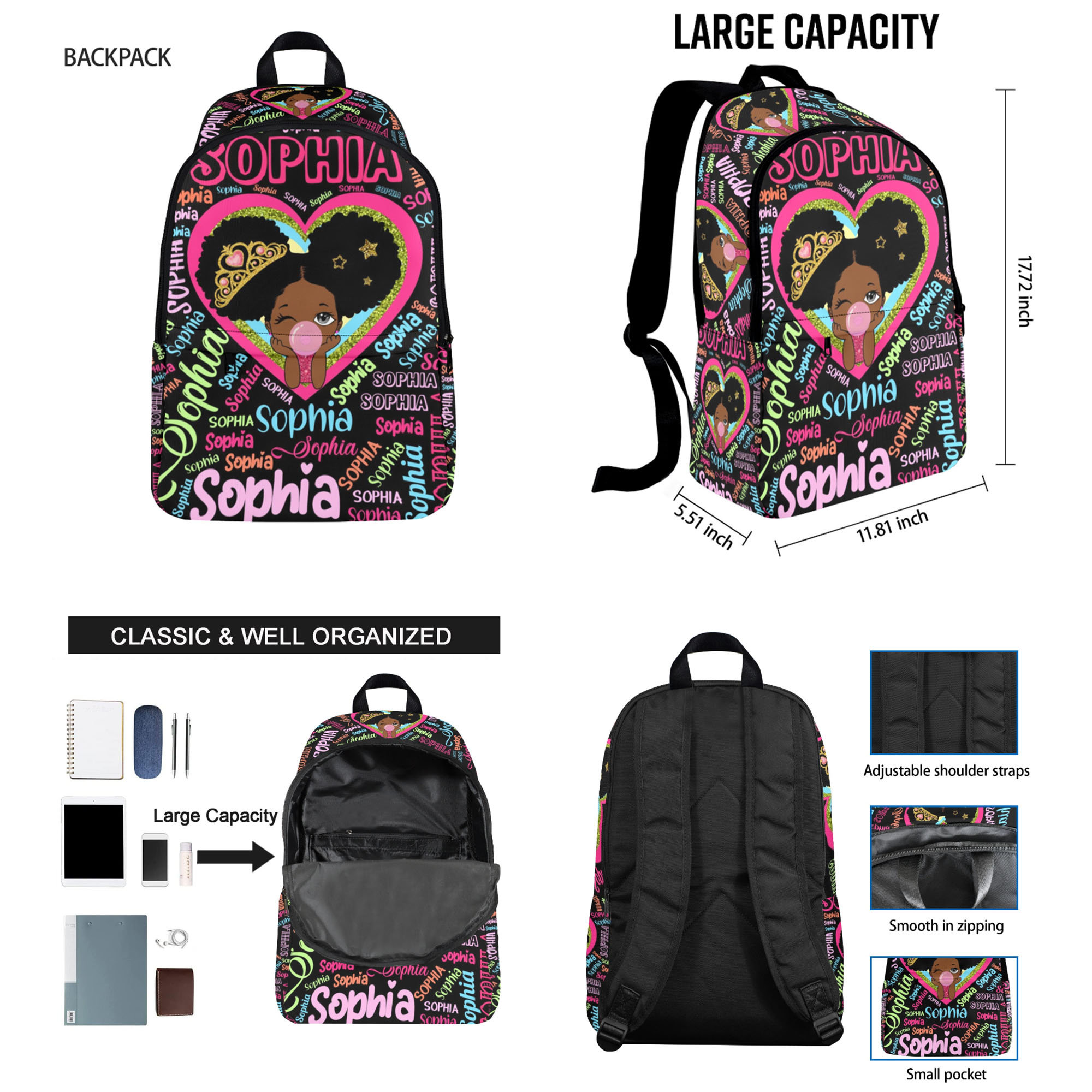Custom Afro Black Girl Backpack Lunch Bag, Preschool Name Backpack Lunch Bag for kids, Custom Name Bag for girl, Best Back to School Gifts
