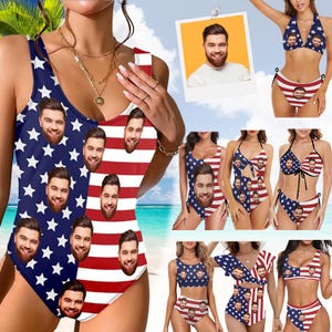 May include: A collection of swimsuit designs featuring a red, white, and blue American flag pattern with a repeated image of a man's face. The swimsuits include a one-piece, a bikini top and bottom, and a halter top and bottom.