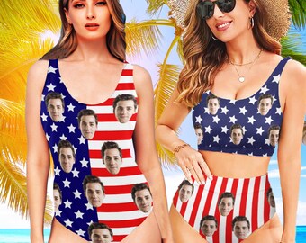 Custom Face One-Piece Swimsuit: American Flag Stars & Stripes