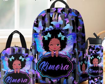 Custom Afro Girl Backpack Set: Personalized School Bag, Lunch Bag & Water Bottle