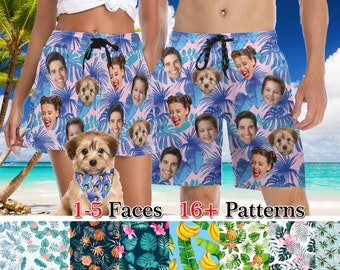 Custom Face Men Swimsuit Personalized Woman Swim Trunk Beach Shorts Pet Dog Bandana with face Mother Father's Day Gift for Dad LOGO on Trunk