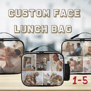May include: Three black lunch bags with zipper closures. Each bag features a different collage of personalized photos. The text "CUSTOM FACE LUNCH BAG" is at the top of the image. The text "1-5 Pics" is at the bottom of the image.