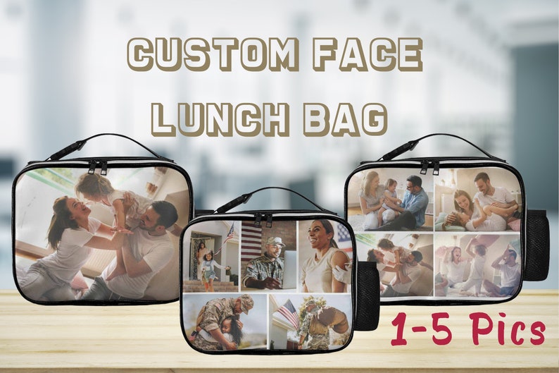 May include: Three black lunch bags with zipper closures. Each bag features a different collage of personalized photos. The text "CUSTOM FACE LUNCH BAG" is at the top of the image. The text "1-5 Pics" is at the bottom of the image.