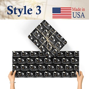 May include: Black and white graduation wrapping paper with a gold and white graduation cap and book design. The text on the paper reads "I'm Done!" and "Class of 2024".
