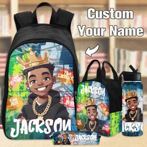 Custom Black Boy Rucksack , Lunch Bag, Water Bottle, Pencil Pouch, Personalised Children&#39;s Backpack with Name, Black Boy Bag, Back to School