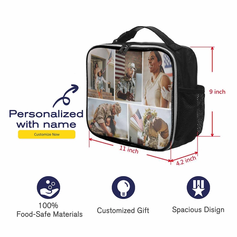 May include: Black lunch bag with a zipper closure and a mesh side pocket. The bag features a collage of photos with a patriotic theme. The bag measures 11 inches wide, 9 inches tall, and 4.2 inches deep.