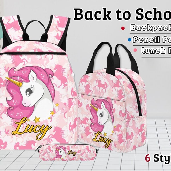 Personalized Unicorn Pattern Backpack With Name, Custom School Backpack for girl,Custom Name On Lunch Bag Pencil Pouch, Back to School Gifts