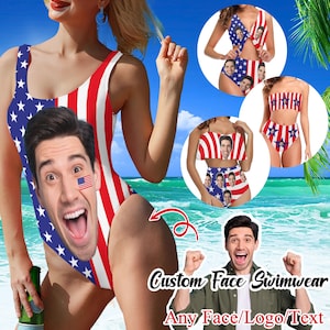 May include: Custom face swimwear with a red, white, and blue American flag design. The swimsuit features a face cutout with a person's face in it. The text "Custom Face Swimwear" and "Any Face/Logo/Text" is displayed below the image.