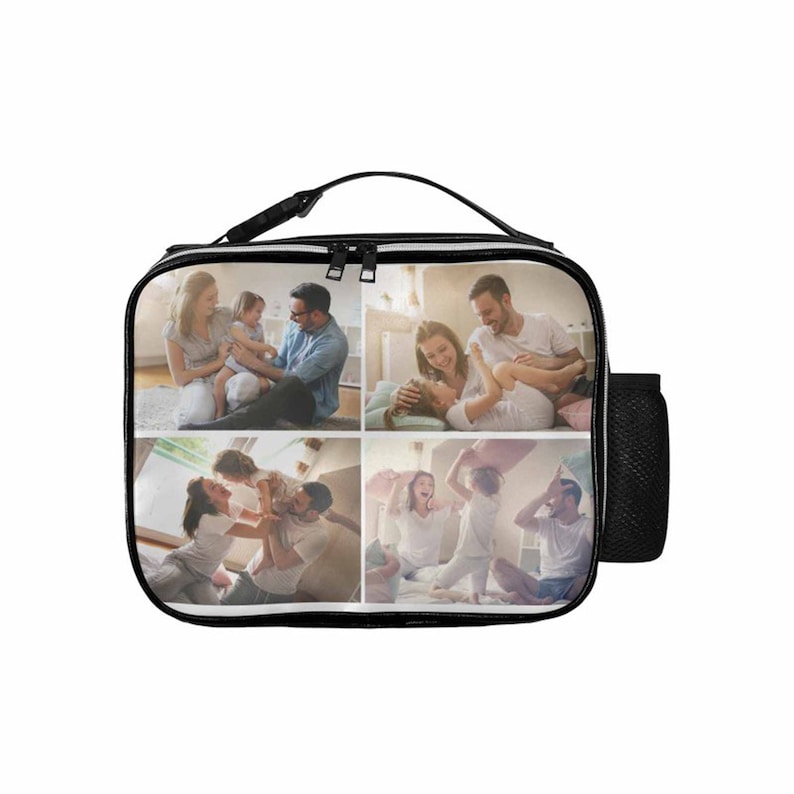 May include: Black lunch bag with a zipper closure and a side pocket. The bag is decorated with a collage of four photos of a family playing together.