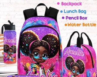 Personalized Afro Black Girl Backpack Set: Custom Name School Bag & Lunch Bag