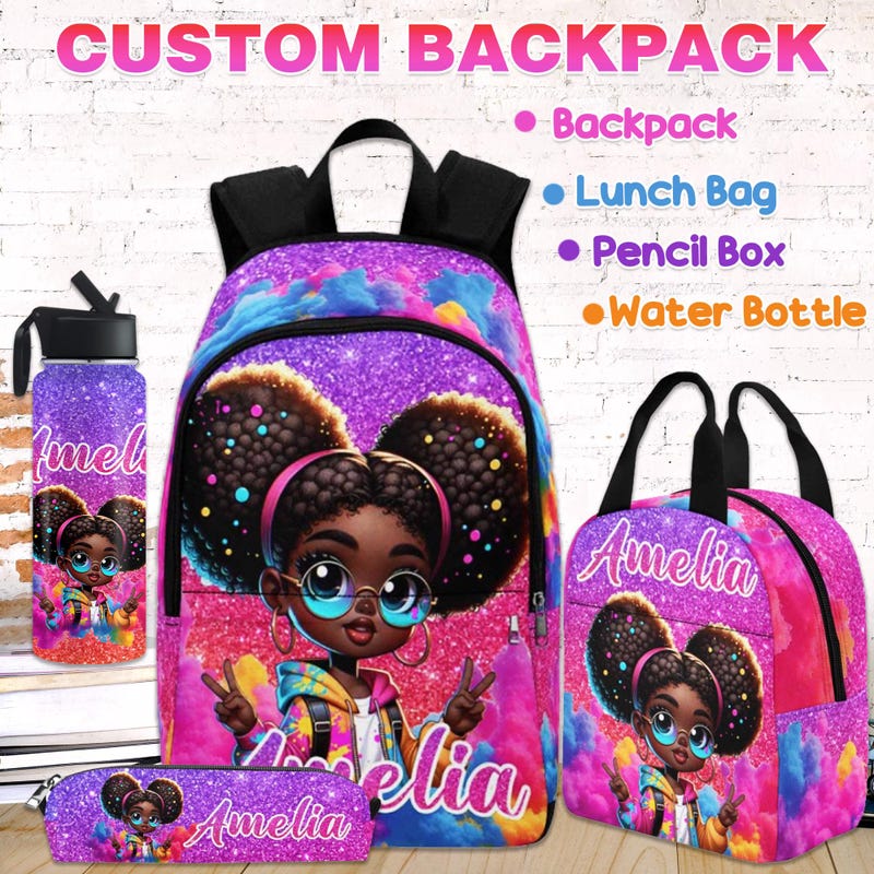 Personalized Afro Black Girl Backpack with Girls, Lunch Bag, Custom Name Backpack, Name on Black Girl School Bag, Best Back to School Gifts
