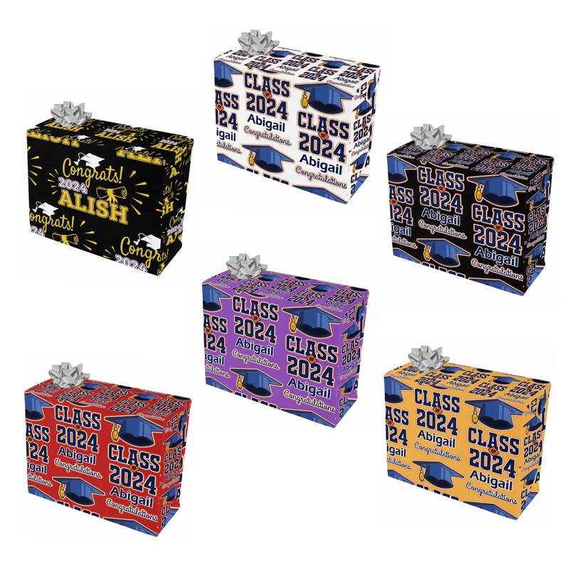 May include: Five different graduation gift wrap designs. Each design features a blue and gold graduation cap with the text "Class 2024" and the name "Abigail". The designs are on black, white, purple, red, and yellow backgrounds.