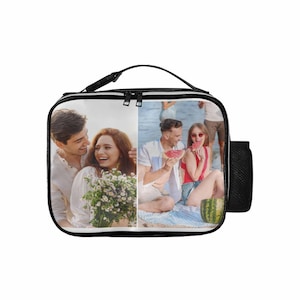 May include: Black lunch bag with a zipper closure and a side pocket. The bag features a collage of two photos of a couple on a beach.