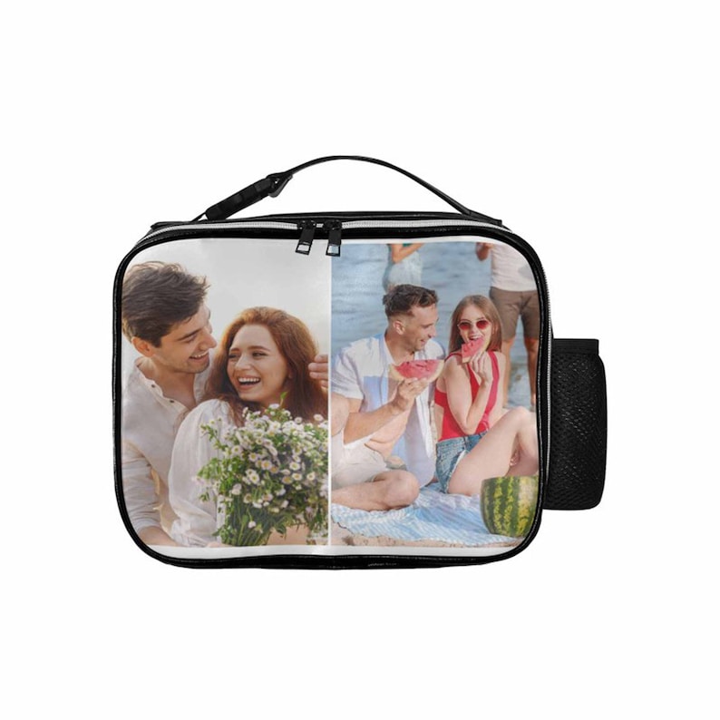 May include: Black lunch bag with a zipper closure and a side pocket. The bag features a collage of two photos of a couple on a beach.