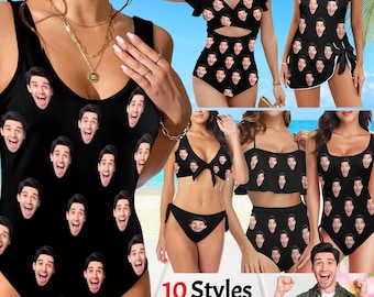 May include: A collection of 10 different styles of swimwear featuring a black background with a repeated pattern of a person's face. The text "10 Styles 30+Colors" is displayed at the bottom of the image.