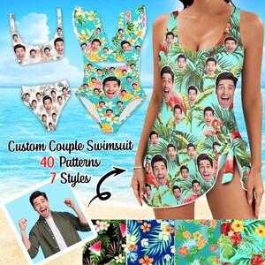 Custom Photo Funny Bikini For Women, Picture Couple Swimsuit, Personalized Funnny Shorts with Face, Photo on Trunks, Match Couple Swimwear