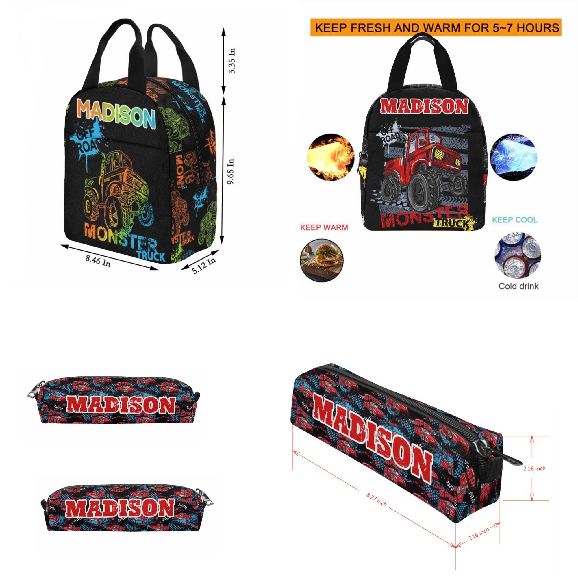 Personalized Monster Truck Backpack with Name, Personalized Name Backpack, Lunch Bag, Pencil Pouch, Boy Back to School, Back to School Gifts