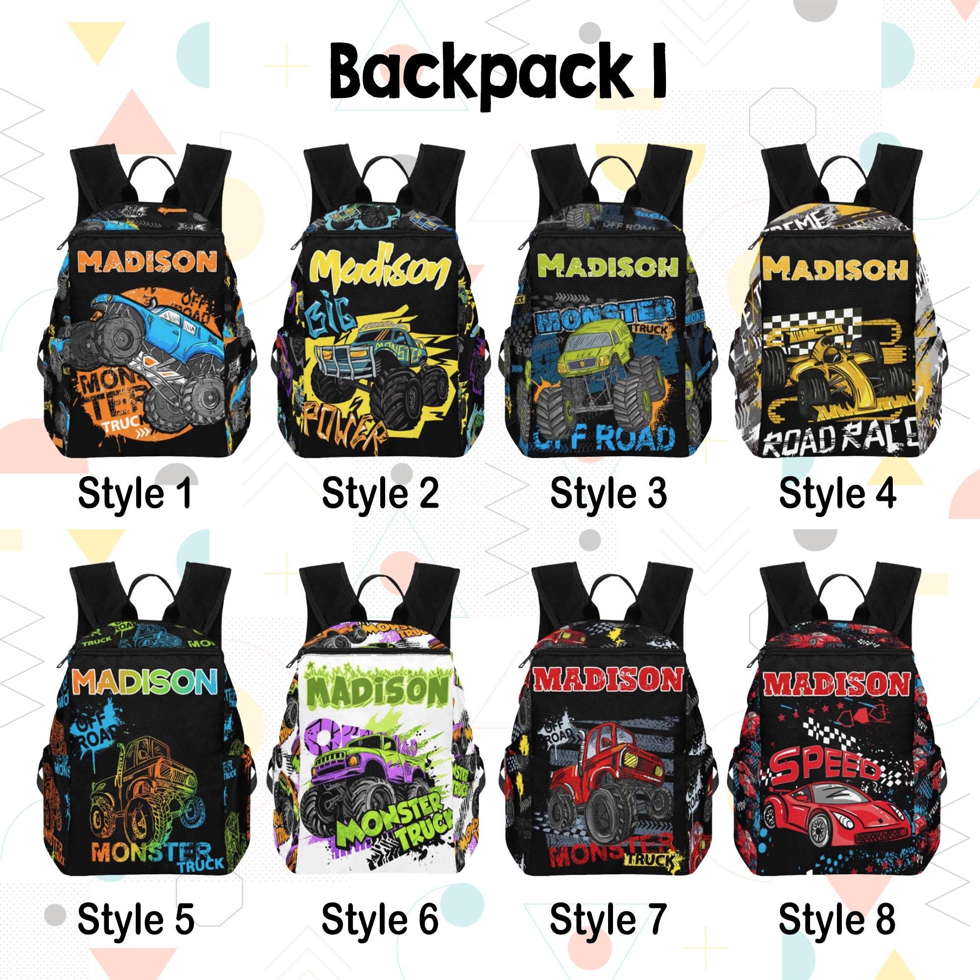 Personalized Monster Truck Backpack with Name, Personalized Name Backpack, Lunch Bag, Pencil Pouch, Boy Back to School, Back to School Gifts