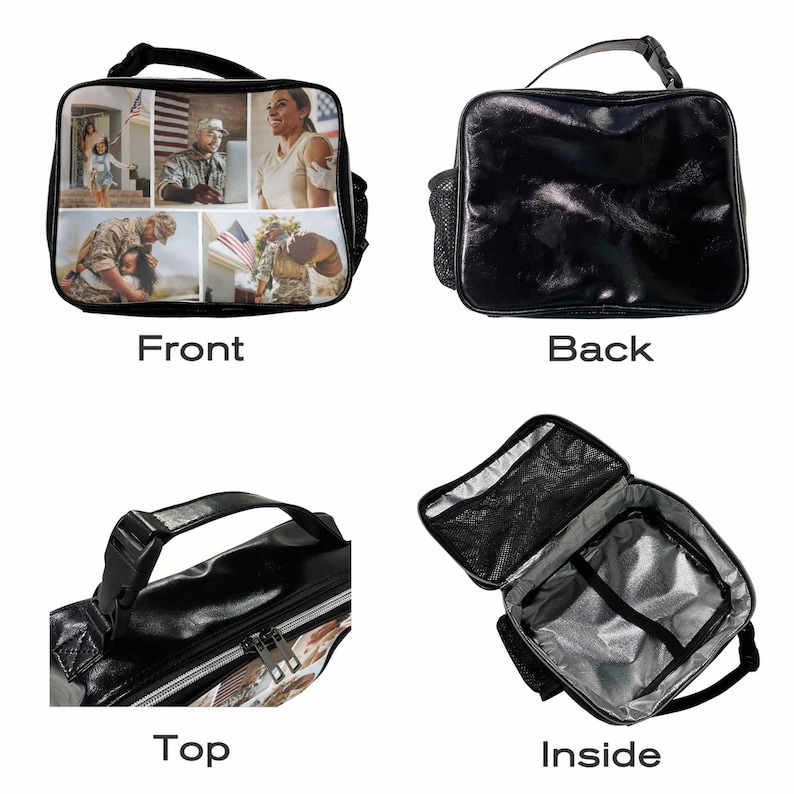 May include: Black lunch bag with a zipper closure and a handle. The front of the bag features a collage of photos of people in military uniforms and their families. The back of the bag is plain black. The inside of the bag is lined with a silver material.