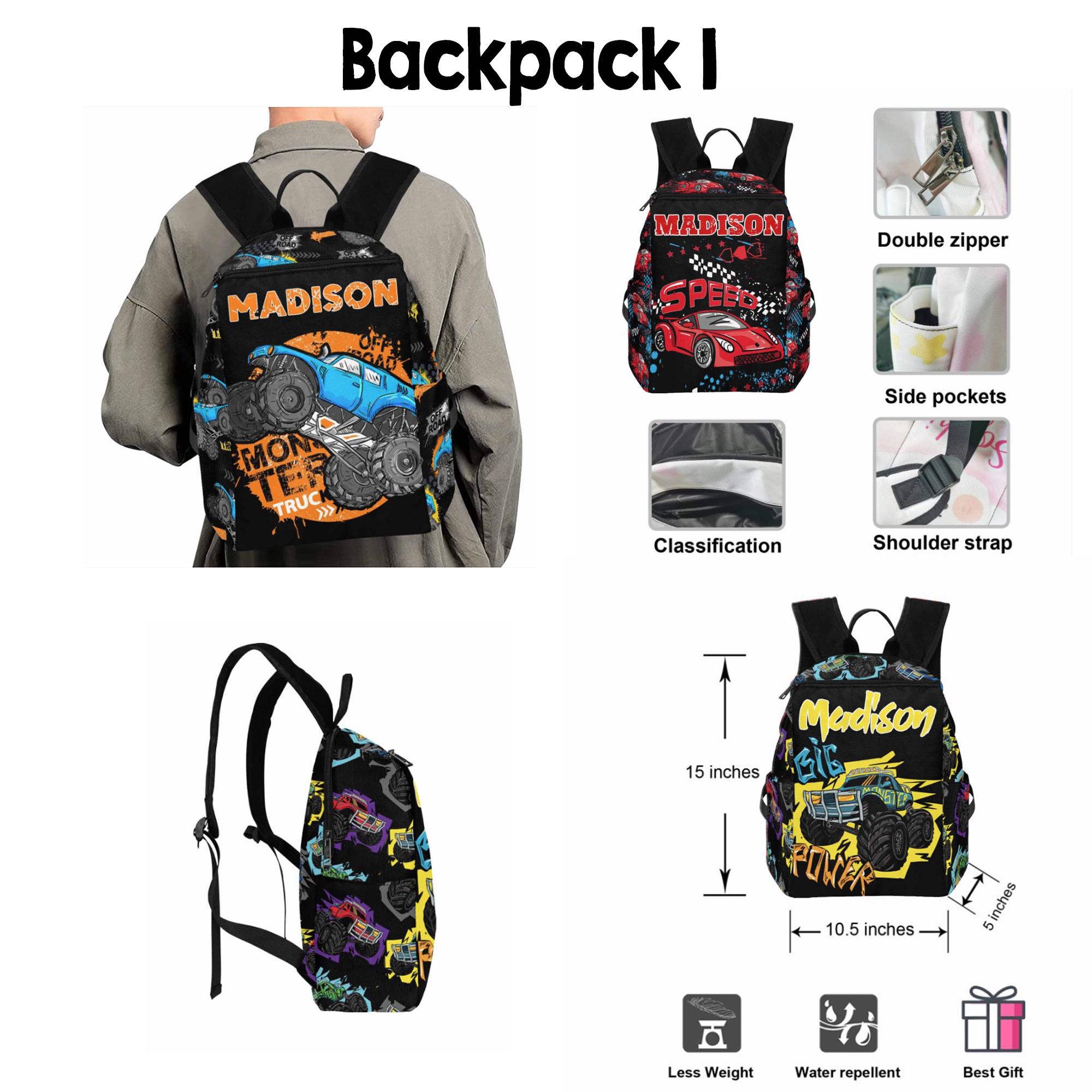 Personalized Monster Truck Backpack with Name, Personalized Name Backpack, Lunch Bag, Pencil Pouch, Boy Back to School, Back to School Gifts