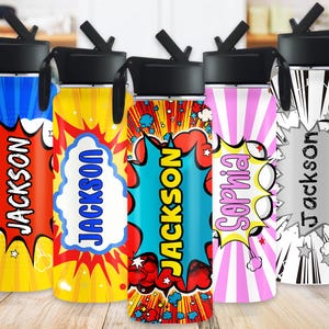 May include: Five water bottles with black lids and handles. Each bottle features a different comic book-style design with a name: Jackson and Sophia. The bottles have a variety of colors, including blue, yellow, red, and pink.