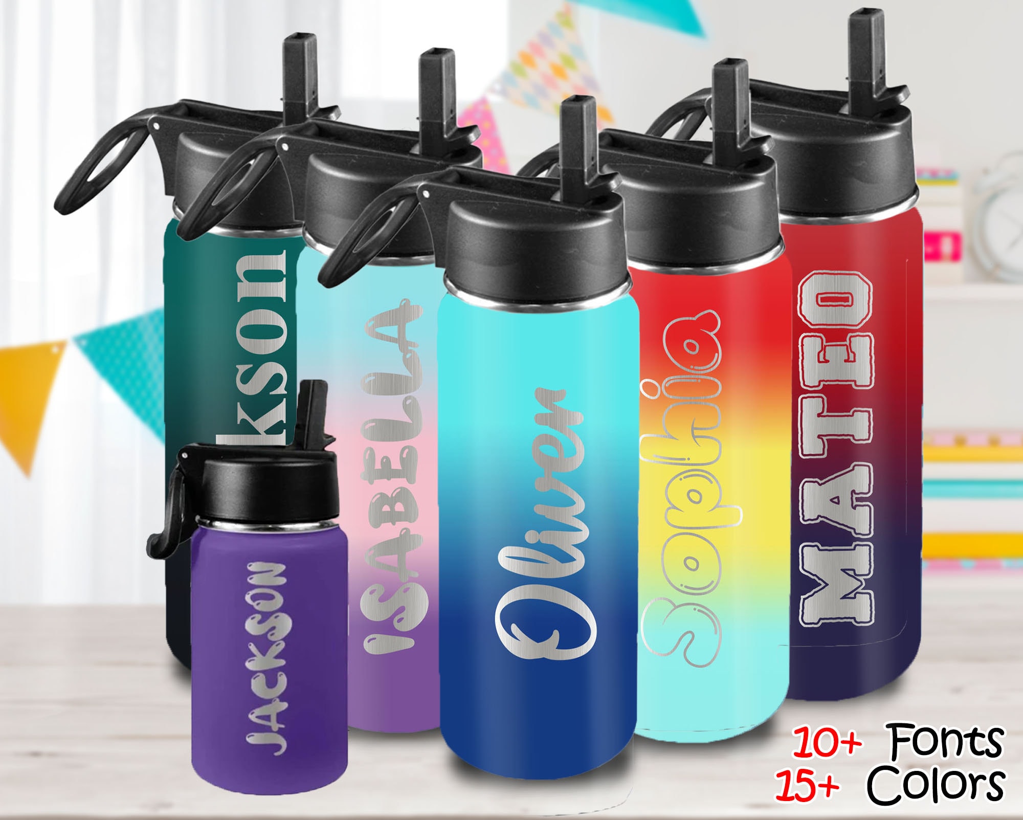 Custom kids Water Bottle with Straw,Personalize Water Bottle with name,Insulated Stainless Steel Water Bottle with Text,Back to school Gifts