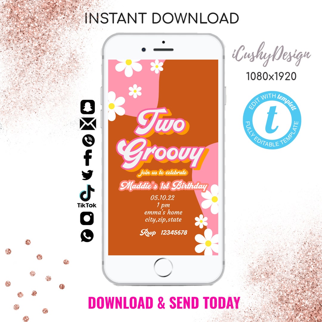 70's Groovy Birthday Text Invitation, Editable Invitation, Editable