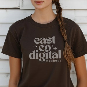 Dark Chocolate Mockup Gildan 5000 T-shirt Mockup Trendy Aesthetic Model Mockup Gildan 5000 Dark Chocolate T-shirt Mockup