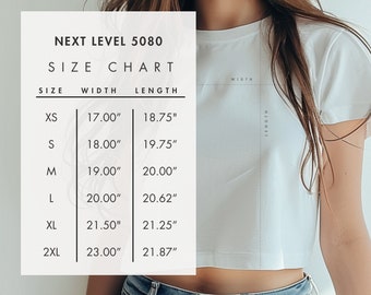 May include: Size chart for a white crop top with the text "NEXT LEVEL 5080" and "SIZE CHART" in black. The chart lists sizes XS through 2XL with corresponding width and length measurements in inches.