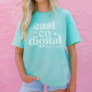 May include: A light teal t-shirt with the text "east co digital mockups" in white. The shirt is a solid color and has a relaxed fit. The background is a textured pink wall.