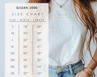 Gildan 2000 White T-Shirt Size Chart Mockup (PNG)