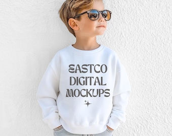 Kids Gildan Crewneck Mockup White Youth 18000B Trendy Model Mockups Print on Demand Mockups, Youth Gildan Mockup White Crewneck Sweatshirt