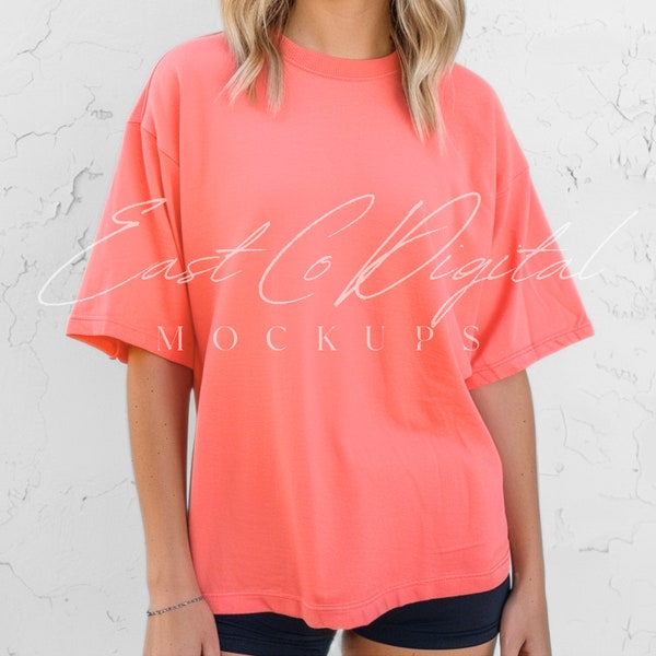 Gildan 64000 Coral Silk Mockup, Gildan 64000 Soft Style T-shirt Mockup, Coral Gildan Mockup, Trendy Boho Aesthetic T-shirt Png Mockup 64000