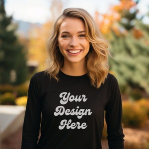 Gildan 2400 Black Long Sleeve Shirt Mockup, Gildan 2400 Mockups, Print On Demand Model Mockups, Fall Gildan Mockup, Black Shirt Mockup