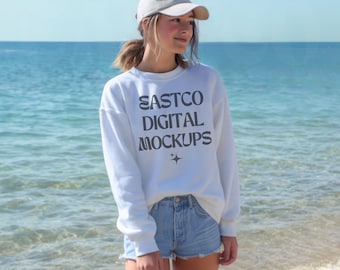 Gildan 18000 Weiß Rundhals Mockup, Retro Sweatshirt PNG (Digitaler Download)