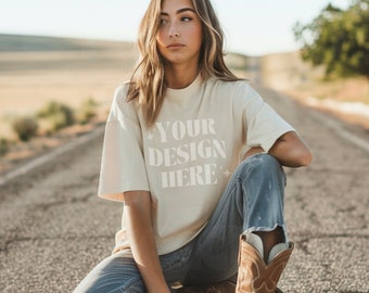Bella Canvas 3001 Natural Mockup, Western Cowgirl Shirt (PNG)