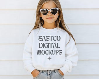 Kids Gildan White Crewneck Sweatshirt Mockup, Youth 18000B (PNG Digital Download)