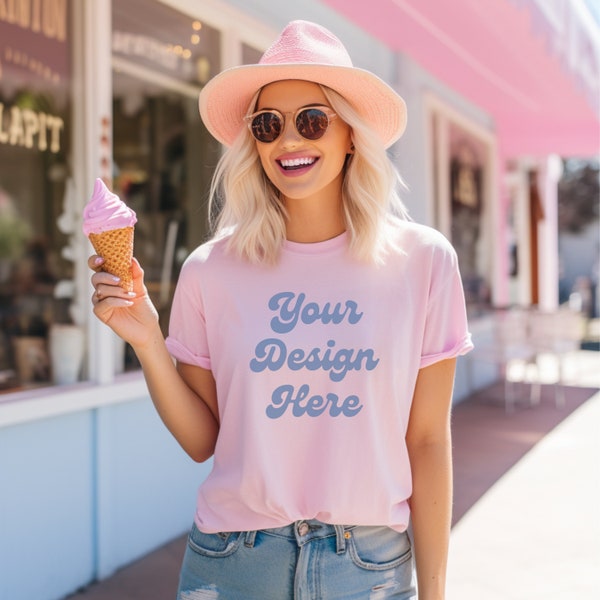 Bella Canvas 3001 Pink T-shirt Mockup Retro Summer Model Mockup, Bella Canvas Mockup Pink, Trendy Aesthetic Tshirt Png Bella Canvas 3001