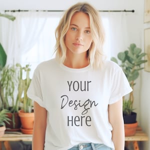 White Gildan 64000 Mockup, Trendy T-shirt PNG Mockup, Gildan 64000 White, Simple Aesthetic Model Mockup, G640 White