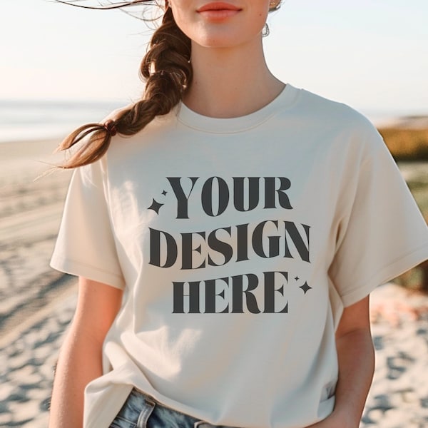 Comfort Colors Ivory Color Shirt Mockup, CC1717 T-Shirt Woman Model, Summer Mockup, Trendy Mockup, Ivory Tee Oversized Mockup Lifestyle