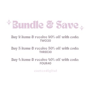 以下が含まれることがあります： ピンクと白のグラフィックで、「Bundle & Save」というテキストと、2、3、または4つのアイテムの購入に対する割引の指示が書かれています。テキストには、割引コードのTWO20、THREE30、FOUR40が含まれています。