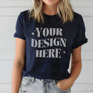Bella Canvas 3001 Navy Mockup, Navy Shirt Mockup, BC3001 Model Mockup, Simple Aesthetic Mocks, Bella Canvas Navy T-shirt Trendy Mockups