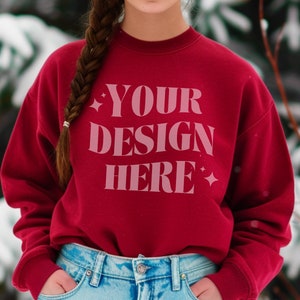 Gildan 18000 Red Christmas Sweatshirt Mockup Gildan Crewneck Winter Mockup, Red 18000 Mockup, Gildan Christmas Colors, Red Gildan 18000