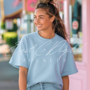 Gildan 2000 Mockup, Gildan T-shirt Mockup, Boho Aesthetic Mockups, Gildan Mockup Light Blue, Gildan 2000 Model Mockup Trendy Shirt Png